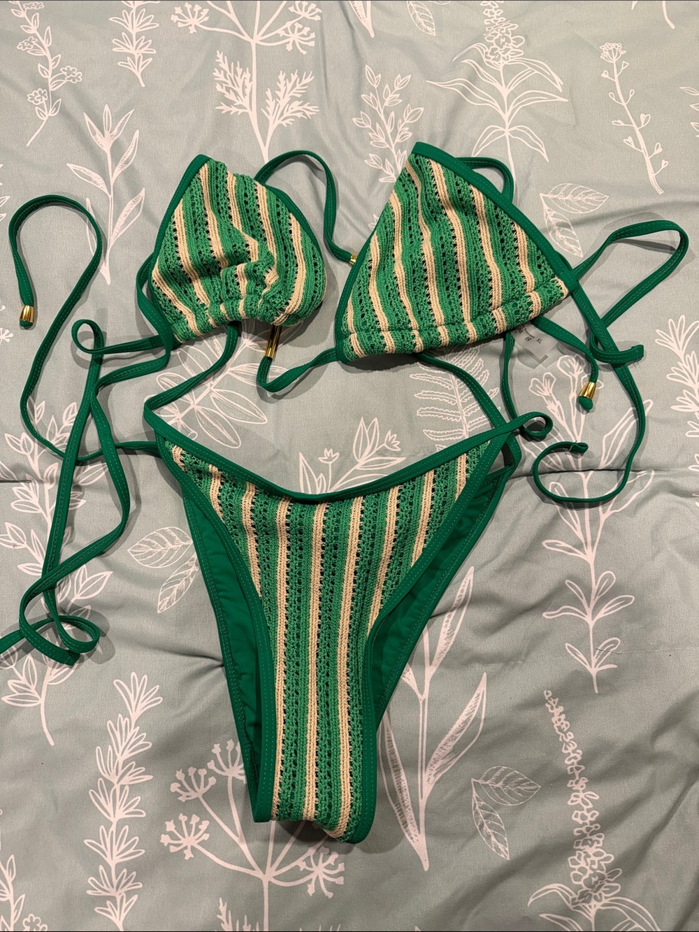 Green Striped Crochet-Trim Kids One-Piece Swim Set